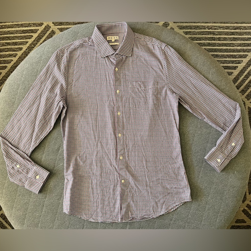 REISS Glover Medium Slim Fit Burgundy & Blue Gingham Check Button Down Shirt